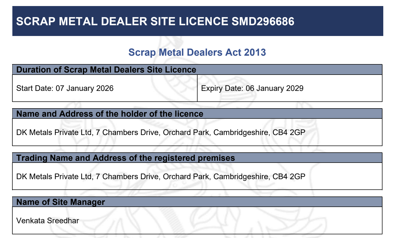 Scrap Metal Dealer Site Licence issued by South Cambridgeshire District Council